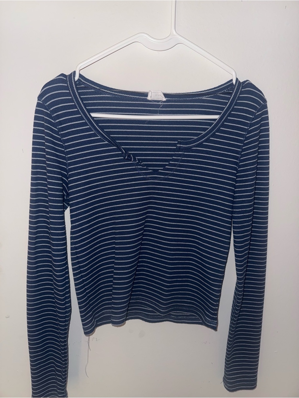 Cotton On Navy and White Striped Long-Sleeve V-Neck Tee